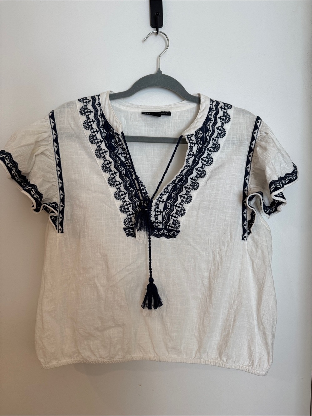 INC International Concepts White Peasant Top with Navy Embroidery